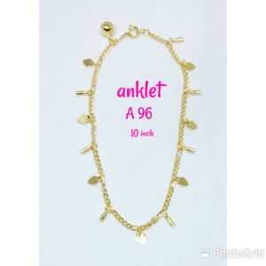Gold plated anklet with dangling small hearts and small ornaments.