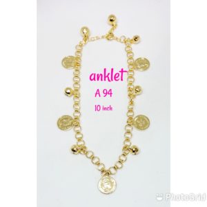 Gold plated anklet with dangling coins and bells.