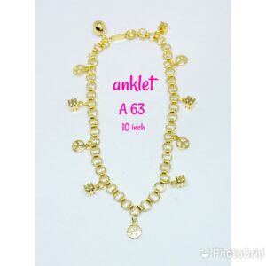 Gold plated anklet with dangling cubes and peace signs with dangling bell.