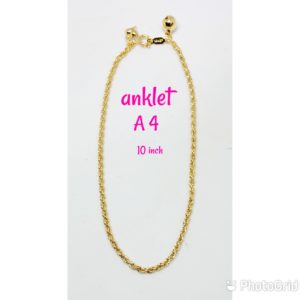 Gold plated thin rope design anklet with dangling bell and heart.