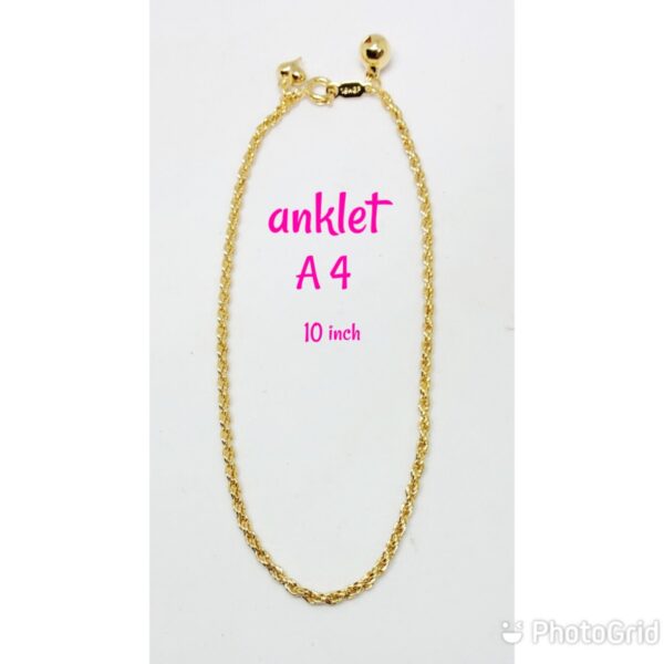 Gold plated thin rope design anklet with dangling bell and heart.