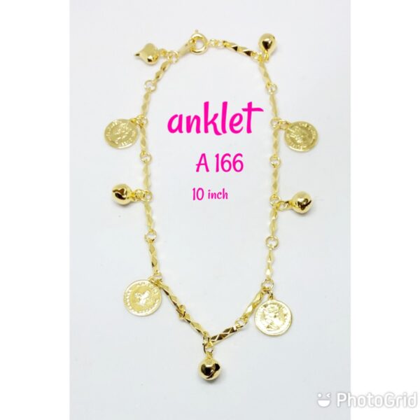 Gold plated anklet with dangling coins and bells.