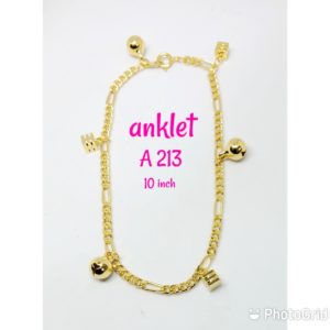 Gold plated anklet with dangling cubes and loud bells.