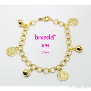 Gold plated bracelet with dangling coins and bells.