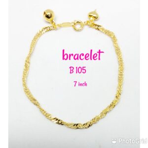 Gold plated thinner shining bracelet with dangling bell and heart.