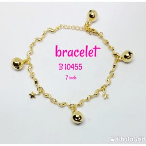 Gold plated pattern bracelet with dangling loud bells and small stars.