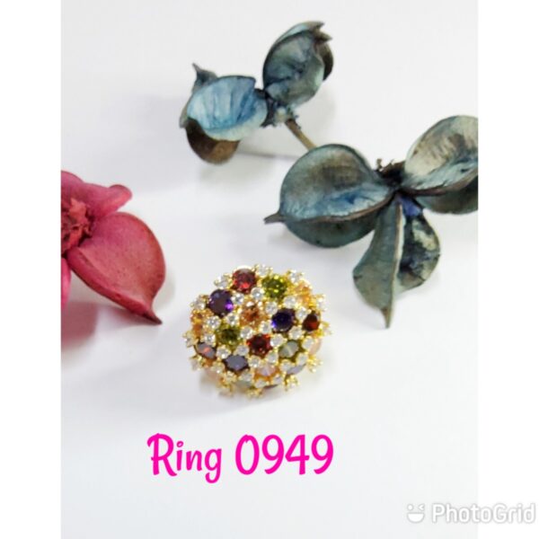 Exclusive elegant gold plated rounded Ring with assorted multi colour crystals and clear crystals.