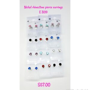 Nickel plated assorted colour rhinestones pierce earrings. E 3019