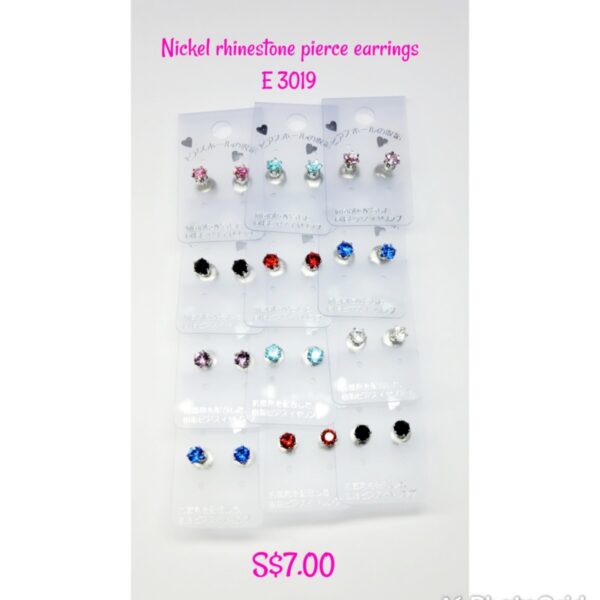 Nickel plated assorted colour rhinestones pierce earrings. E 3019