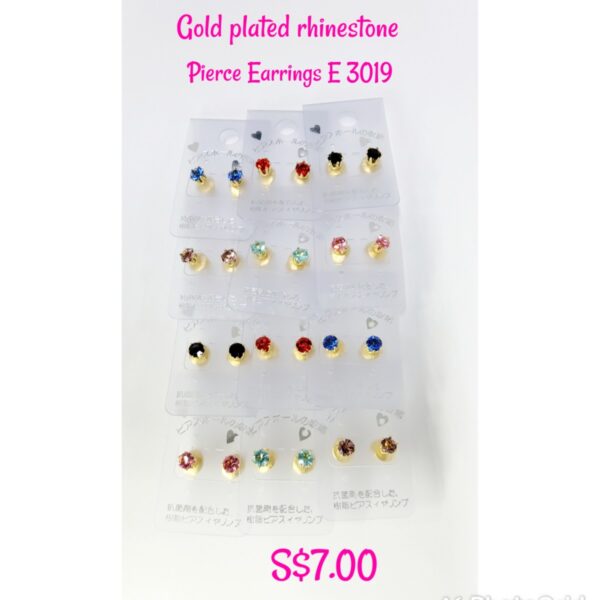 Gold plated assorted colour rhinestones pierce earrings E 3019.