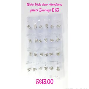 Nickel plated triple clear rhinestones pierce Earrings E 63.