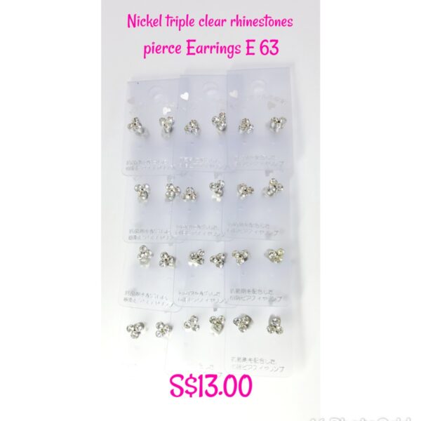 Nickel plated triple clear rhinestones pierce Earrings E 63.