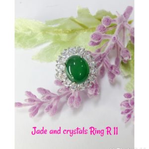 Nickel plated glass jade and multi crystals Ring R 11.