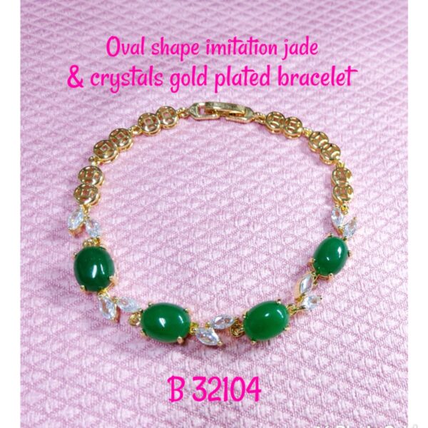 Oval shape imitation jade & crystals gold plated bracelet.