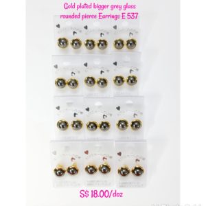 Bigger gold plated rounded grey glass pierce Earrings E 537.